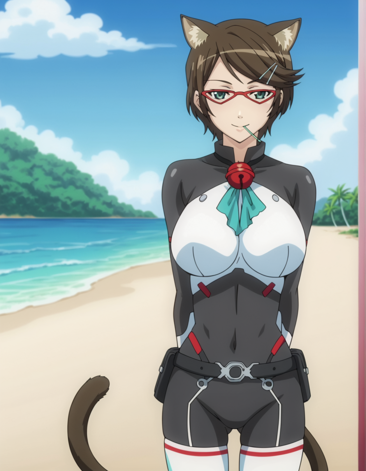 1girl, anime screencap, <lora:VexVexX_Durel_PONYXL:1>, Durel, short hair, brown hair, swept bangs, hairclip, hair ornament, green eyes, animal ears, cat ears, cat tail, lollipop, red-framed eyewear, large breasts, deep skin, skindentation, seductive smile, detailed skin, glossy skin, bodysuit, bell, thighhighs, gloves, belt, cowboy shot, from front, standing, hands behind back, legs together, thighs together, knee bent, looking at viewer, outside, beach, ocean, palm trees