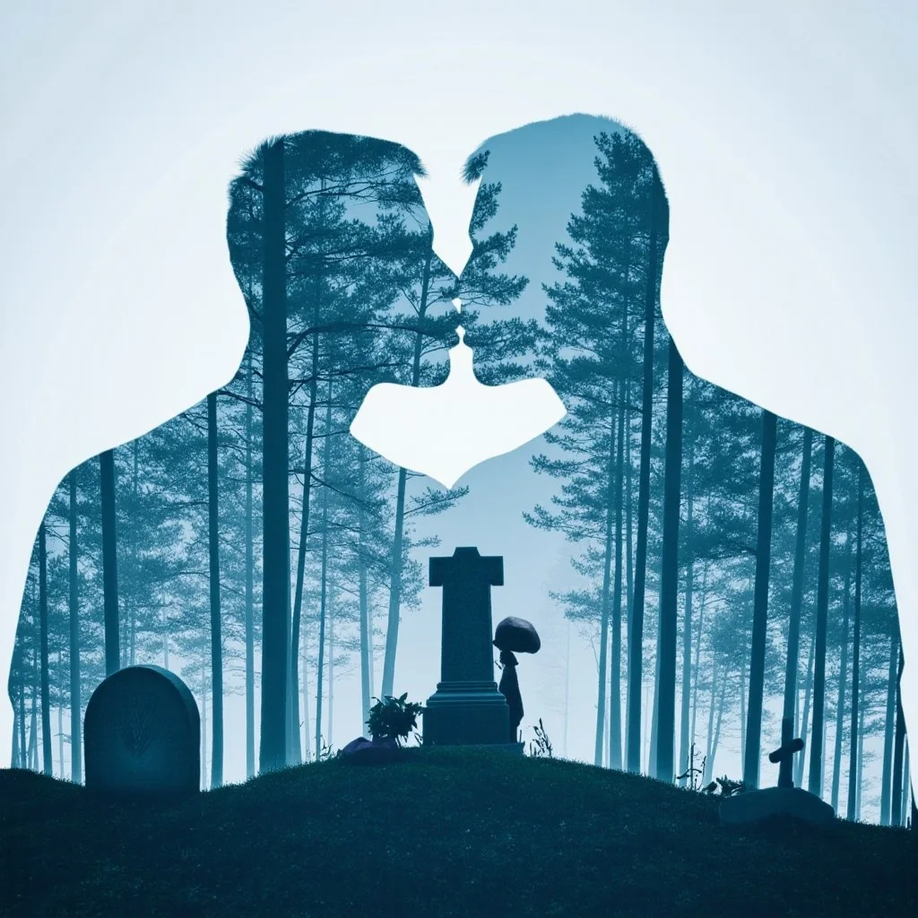 bo-exposure. A silhouette of two men kissing and a male leaving flowers at a gravestone in a graveyard double exposure. The image is monochrome in shades of blue.