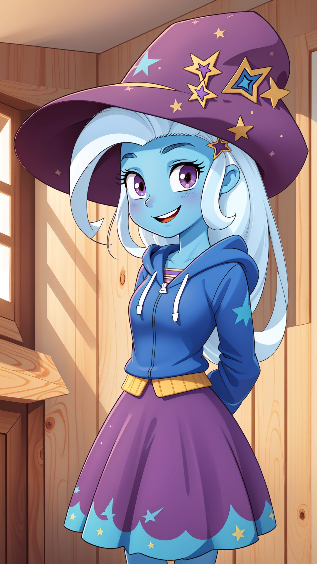 (masterpiece, best quality:1.2),<lora:mlp_trixie-10:1>,cowboy shot,solo,1girl,mlptrixie,colored skin,blue skin,smile,looking at viewer,arms behind back,star hair ornament,witch hat,blue hoodie,purple skirt,