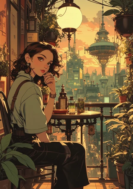 A beautiful woman sitting on a victorian style balcony overlooking a large city, she has medium long messy brown hair, her face is turned away from the viewer, the viewer is looking over the woman's shoulder, the balcony has many plants and the railing is overgrown, the woman is wearing a loose grey tshirt and sweatpants, she is sitting on a metal frame garden chair, she is holding a cigarette between her fingers, the sunset is visible in the distance, a dieselpunk airship is visible in the distance, long shadows, hard lighting, bboil artist style, d13s3lp2nk , YFG-Asak, OBdonman, in a neon-lit NLSTN anime style, NLSTN, glowing, neon, medium shot, side view,