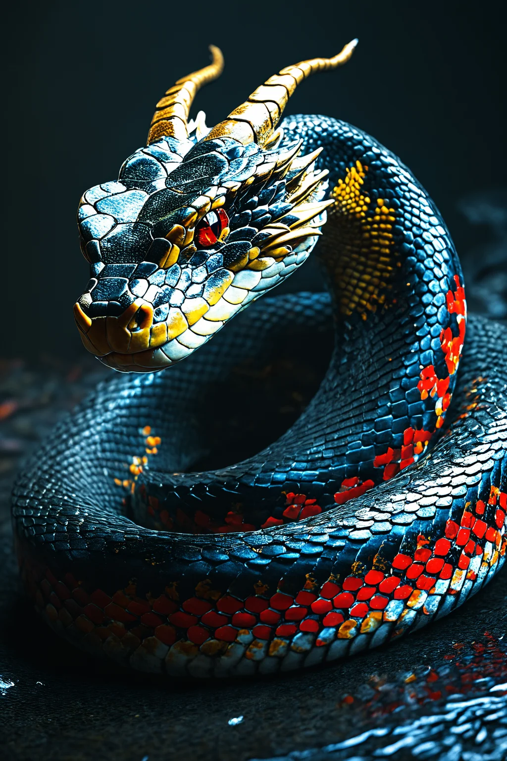 apture a photo-realistic image of a snake with dragon horns, no legs, adorned with black scales featuring intricate red and gold patterning. The snake should have colorful, beautiful eyes and be depicted in a dynamic full-body pose. Utilize cinematic lighting with Rembrandt lighting techniques to create depth and drama in the image. Incorporate volumetric lighting to enhance the atmosphere around the snake. The photograph should be taken with an aperture of F/2.8 to create a shallow depth of field and focus attention on the subject. Ensure maximum detail and ultra-realism in the rendering. The snake should be centered in the frame, commanding attention and exuding beauty and majesty. The overall composition should be visually captivating and showcase the intricate details of the snake's scales and horns.
(Dramatic Lighting, Photography, 3D Illustration, Vibrant Colors, Exquisite Detail, Award Winning, Stunning)  <lora:MJ52:0.5> epiCPhoto