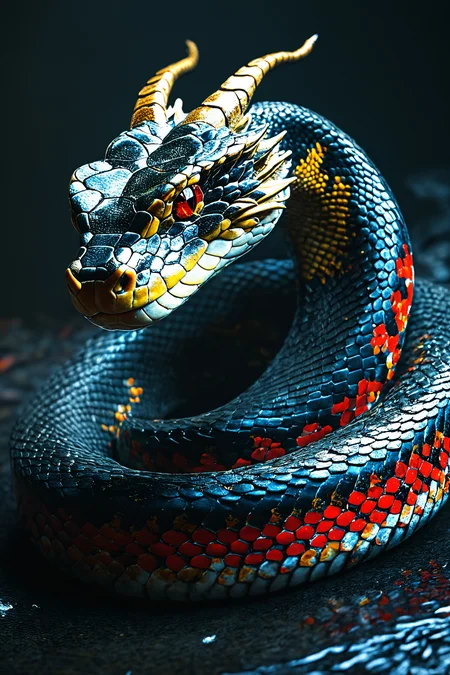 apture a photo-realistic image of a snake with dragon horns, no legs, adorned with black scales featuring intricate red and gold patterning. The snake should have colorful, beautiful eyes and be depicted in a dynamic full-body pose. Utilize cinematic lighting with Rembrandt lighting techniques to create depth and drama in the image. Incorporate volumetric lighting to enhance the atmosphere around the snake. The photograph should be taken with an aperture of F/2.8 to create a shallow depth of field and focus attention on the subject. Ensure maximum detail and ultra-realism in the rendering. The snake should be centered in the frame, commanding attention and exuding beauty and majesty. The overall composition should be visually captivating and showcase the intricate details of the snake's scales and horns.
(Dramatic Lighting, Photography, 3D Illustration, Vibrant Colors, Exquisite Detail, Award Winning, Stunning)  <lora:MJ52:0.5> epiCPhoto