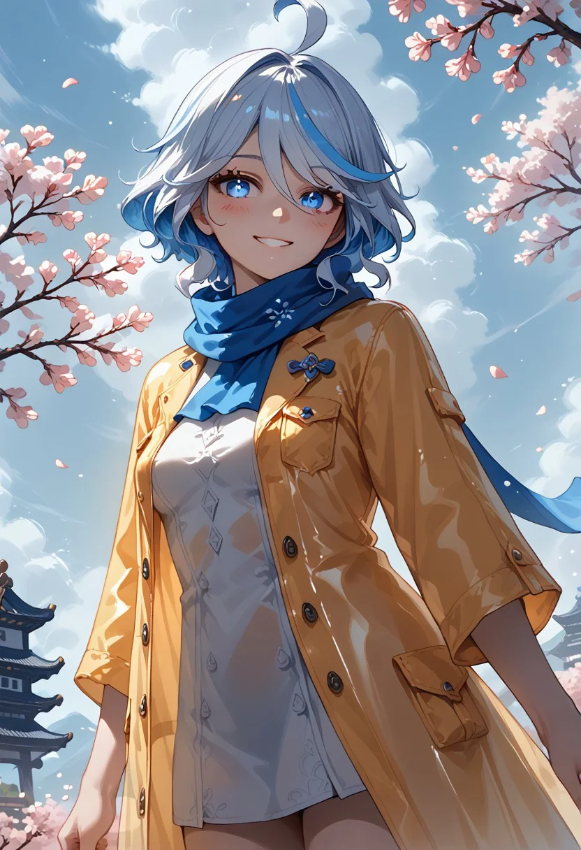 score_9, score_8_up, score_7_up, score_6_up, masterpiece, best quality, absurdres, cinematic, dynamic angle, perfect composition, solo, 1girl, medium breast, Furina, blue eyes, short hair, multicolored hair, white hair, blue hair, ahoge, hair intakes, raincoat, puddles, overcast sky, soft raindrops, scarf, spring blossoms, reflective expression, smile, blush, looking at viewer,