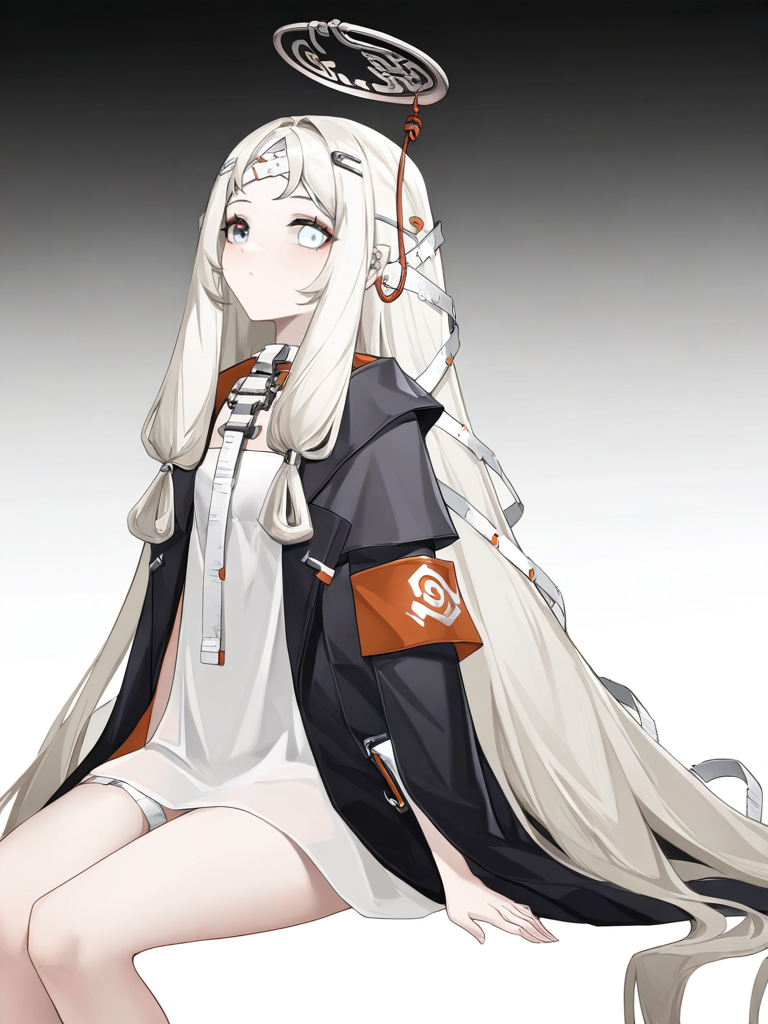 1girl,hengsha,heterochromia,looking at viewer,solo,(simple background:1.2),,(white background:1.1),cowboy_shot,looking_at_viewer,coat,sitting,<lora:hengsha-000012:0.8>, masterpiece, best quality, very aesthetic, absurdres