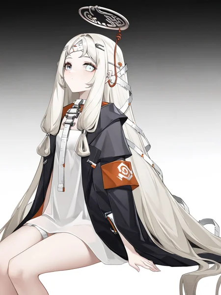 1girl,hengsha,heterochromia,looking at viewer,solo,(simple background:1.2),,(white background:1.1),cowboy_shot,looking_at_viewer,coat,sitting,<lora:hengsha-000012:0.8>, masterpiece, best quality, very aesthetic, absurdres