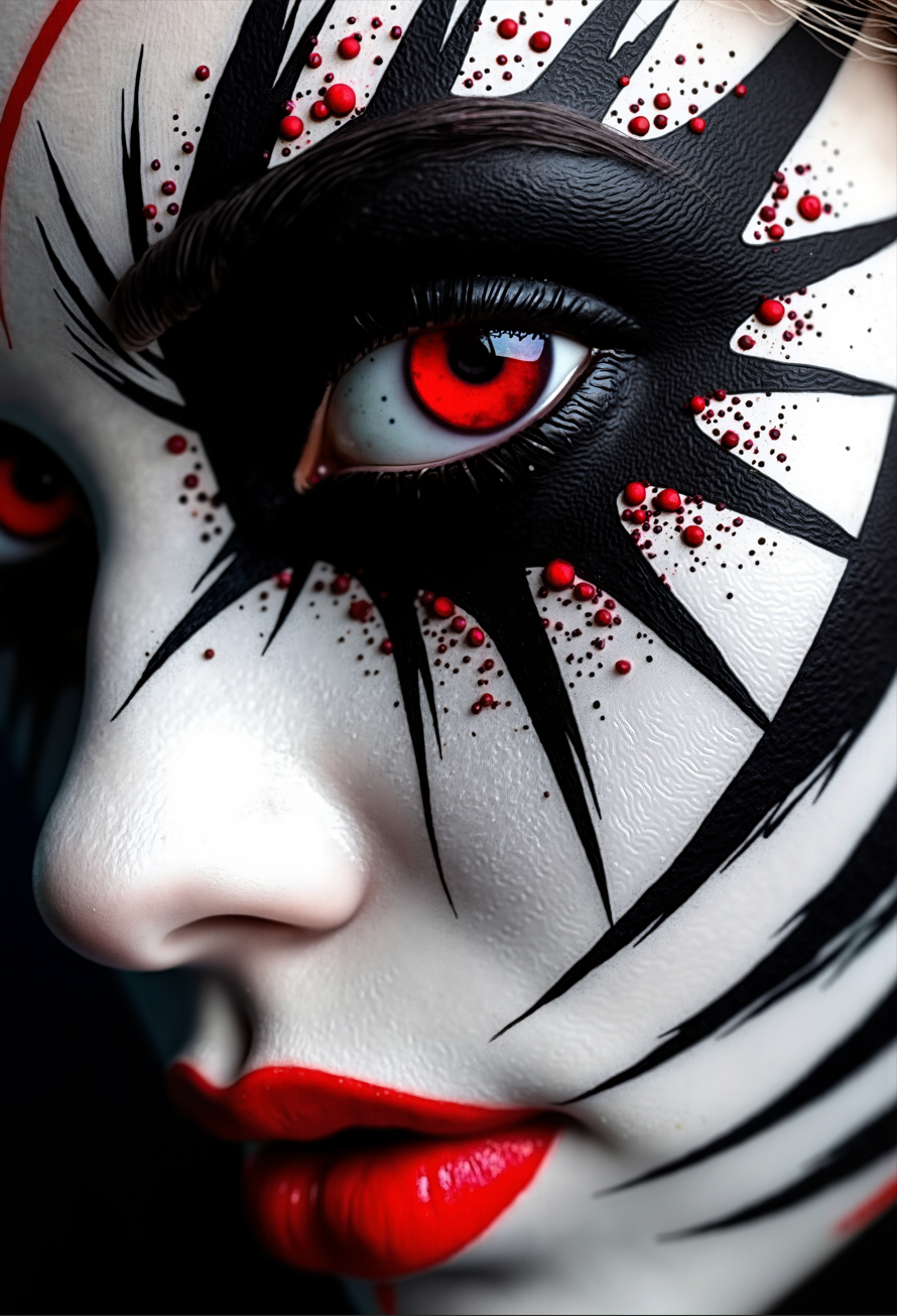 bo-abyss, high quality, ultra detailed, colorful, abstract, particles, fantasy, The image is a close-up of a person's face with a dramatic and intricate face art design. The face is predominantly white, with black and red accents on the upper and lower half of the face. The design is made up of multiple lines that create a zigzag pattern, with the top half being black and the bottom half being white. The lines are arranged in a way that creates a sense of movement and energy. The eye is the focal point of the design, with a deep red iris that stands out against the white background. The iris is surrounded by a thin black line that extends from the top left corner of the eye to the bottom right corner. The red line is slightly curved, creating a wave-like effect. The black lines are evenly spaced and run diagonally across the entire face, creating an abstract and dynamic look. The overall effect is striking and striking. The person's lips are painted red, adding a pop of color to the design., microdisplacement, microdisplacement, microdisplacement
