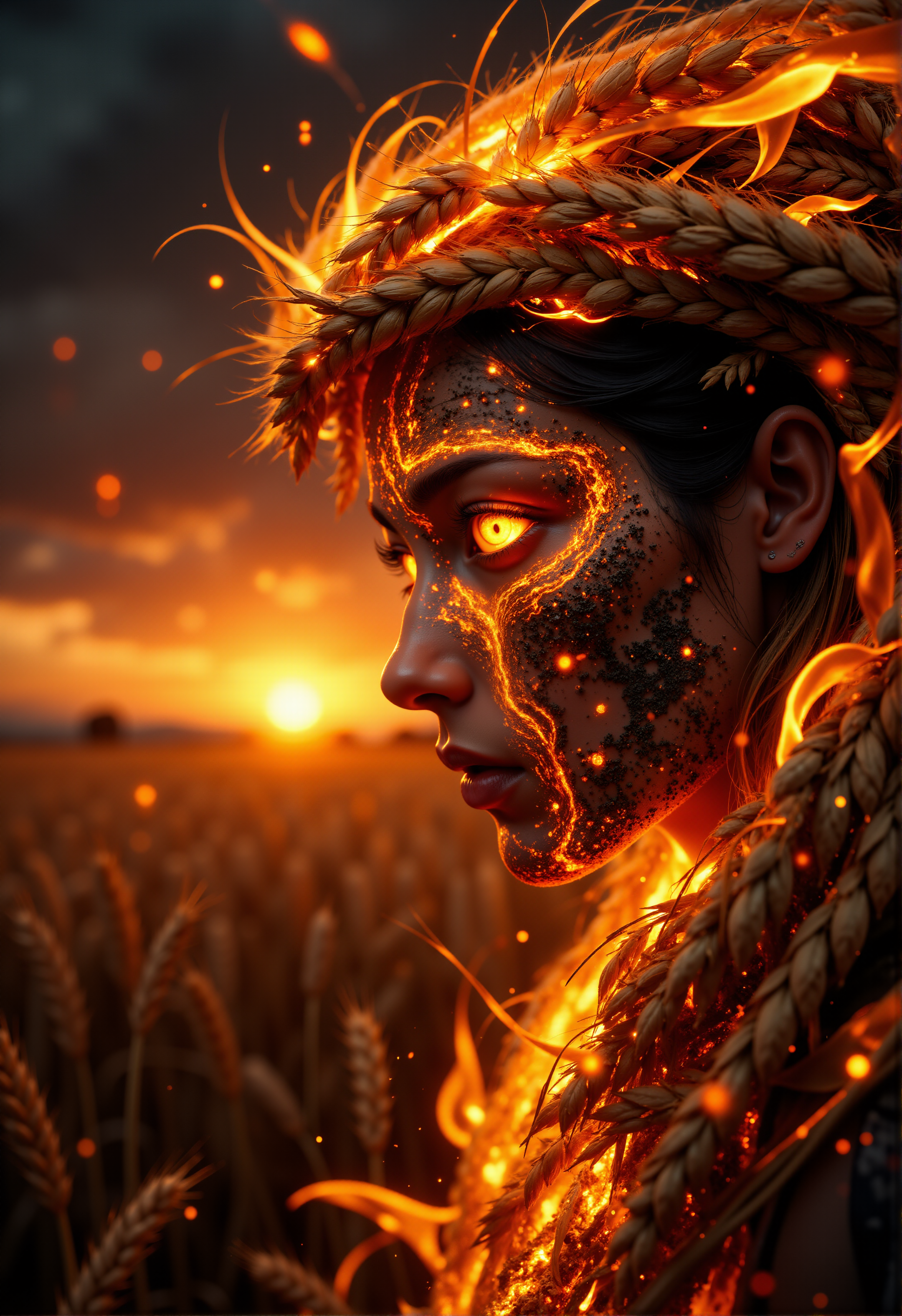 Horror-themed, Close-up. A field of wheat. The sun in the horizon. Texture of a face made of wheat. Lips of wheat. Wreath of wheat. Terrible face, terrible open mouth. A pagan god. Black eyes, tired eyes, red whites of eyes. Cheeks and body in blood. Fear, terror, anger. Glints of dust in the slate's rays. Bokeh effects. Spikes of wheat on fire.
<lora:FluxMythP0rtr4itStyle:1> mythp0rt
 <lora:DarksunRiddV4:1>
 <lora:FL-bailing-24-0906Fire Spirit:0.8> fire
