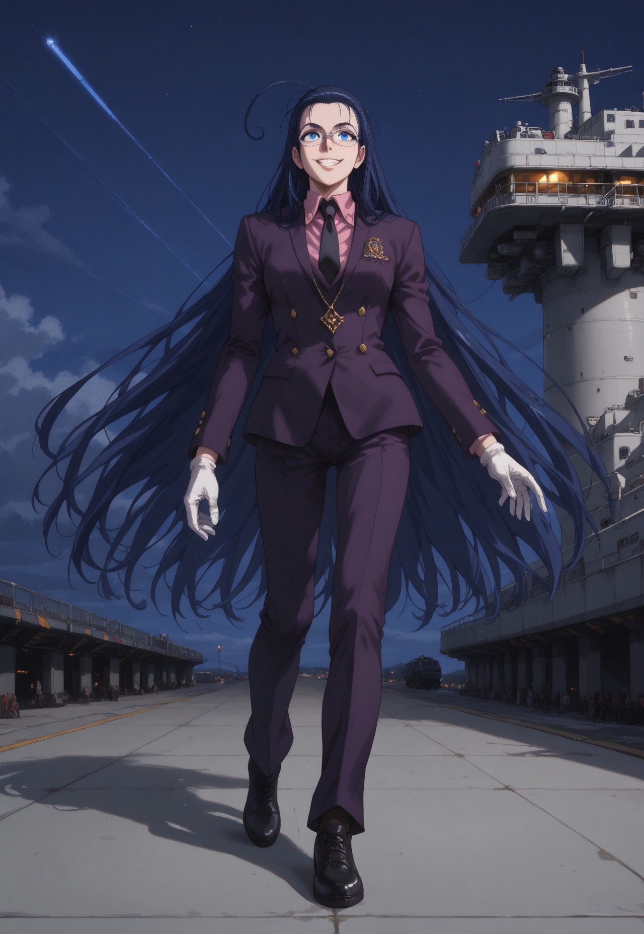 score_9, score_8_up, score_7_up, masterpiece, best quality, amazing quality, very aesthetic, absurdres, RipVanWinkle, 1girl, solo, female focus, blue hair, very long hair, huge ahoge, blue eyes, freckles, pale skin, glasses, skinny, purple jacket, pink shirt, black necktie, silver necklace, white gloves, purple pants, black shoes, full body, warship, watercraft, outdoors, night sky, grin, dynamic pose, perspective