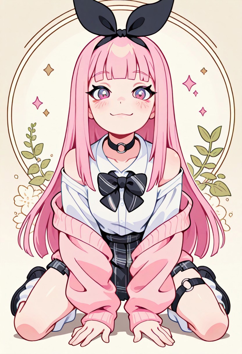 1 girl , solo , blushing , closed mouth , bratty smile , eyelashes , cute , long straight hair , blunt bangs , winking , star , ribbon , hair ribbon , 
slim , slender , 
thigh strap, choker, o-ring choker, pink cardigan, bowtie, white shirt, shirt open, tucked in, plaid skirt, pleated skirt, bare shoulder, white socks, loose socks, black footwear, 
full body view, kneeling, spread legs, leaning forward, 
from front, front view, straight-on, look at viewer, 
masterpiece, best quality ,amazing quality ,S4bit4mago_illu , Protoneon  ,s0wasow4rt_illu, t1m3r