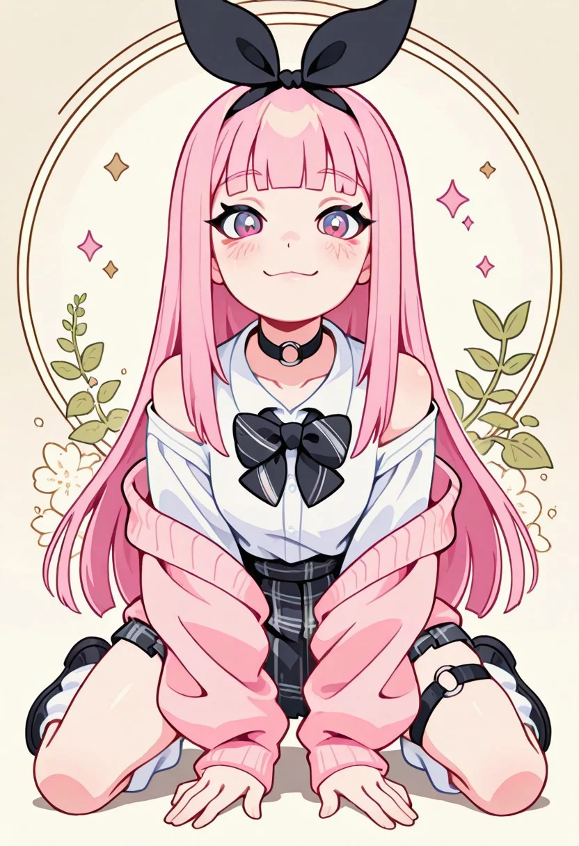 1 girl , solo , blushing , closed mouth , bratty smile , eyelashes , cute , long straight hair , blunt bangs , winking , star , ribbon , hair ribbon , 
slim , slender , 
thigh strap, choker, o-ring choker, pink cardigan, bowtie, white shirt, shirt open, tucked in, plaid skirt, pleated skirt, bare shoulder, white socks, loose socks, black footwear, 
full body view, kneeling, spread legs, leaning forward, 
from front, front view, straight-on, look at viewer, 
masterpiece, best quality ,amazing quality ,S4bit4mago_illu , Protoneon  ,s0wasow4rt_illu, t1m3r