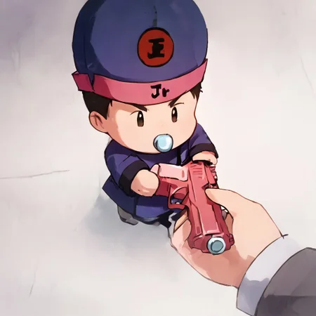 score_7_up, score_8_up, score_9_up, BREAK, koenma_jr_yyh, hat, pacifier, male focus, solo, go do a crime, holding gun, verybadimagenegative_v1.3