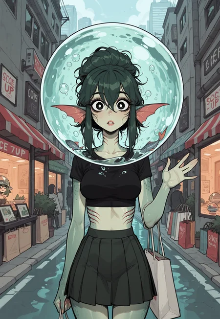 score_9, score_8_up, score_7_up, masterpiece, best quality, very aesthetic, 1woman, incoth, (incase:0.6), detailed face, (dynamic:1), fish girl, aquatic woman, aquatic ears, big eyes, black eyes, white pupils, fish-bowl helmet, head inside glass-sphere, bubble, filled with water, gills, dark green hair, seeweed-hair, city, crop top, skirt, street, shopping, shopping bags, mature
