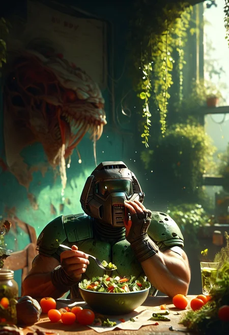 score_9, score_8_up, score_7_up, high quality, doomguy, 1boy, armor, helmet, sitting at a desk, happy vibes, eating salad, laughing, holding fork