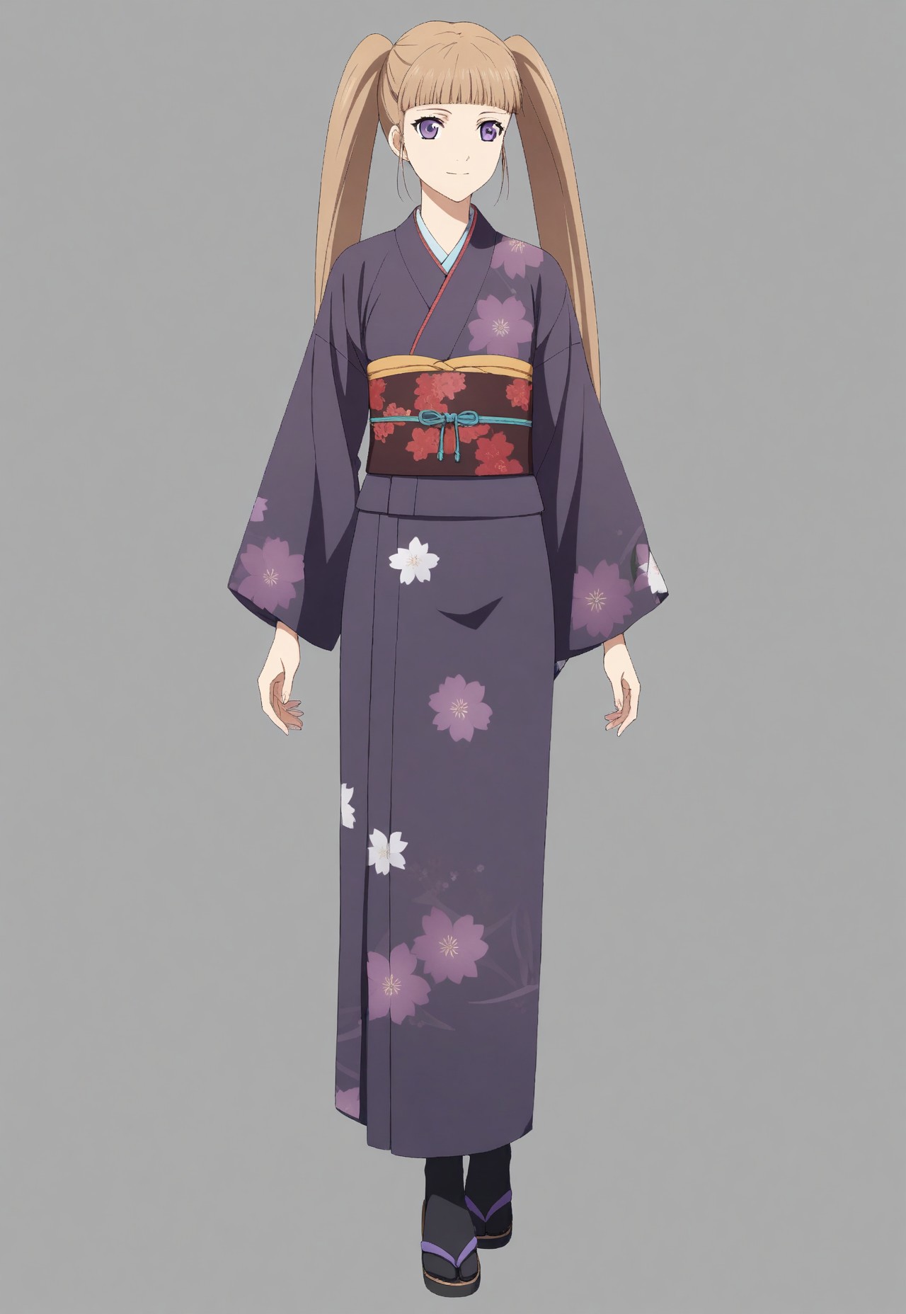 fractured violet elle, aged up, light brown hair, twintails, purple eyes, flat chest, blunt bangs, solo, 1girl, red obi, purple yukata, full body, floral print, japanese clothing, light smile