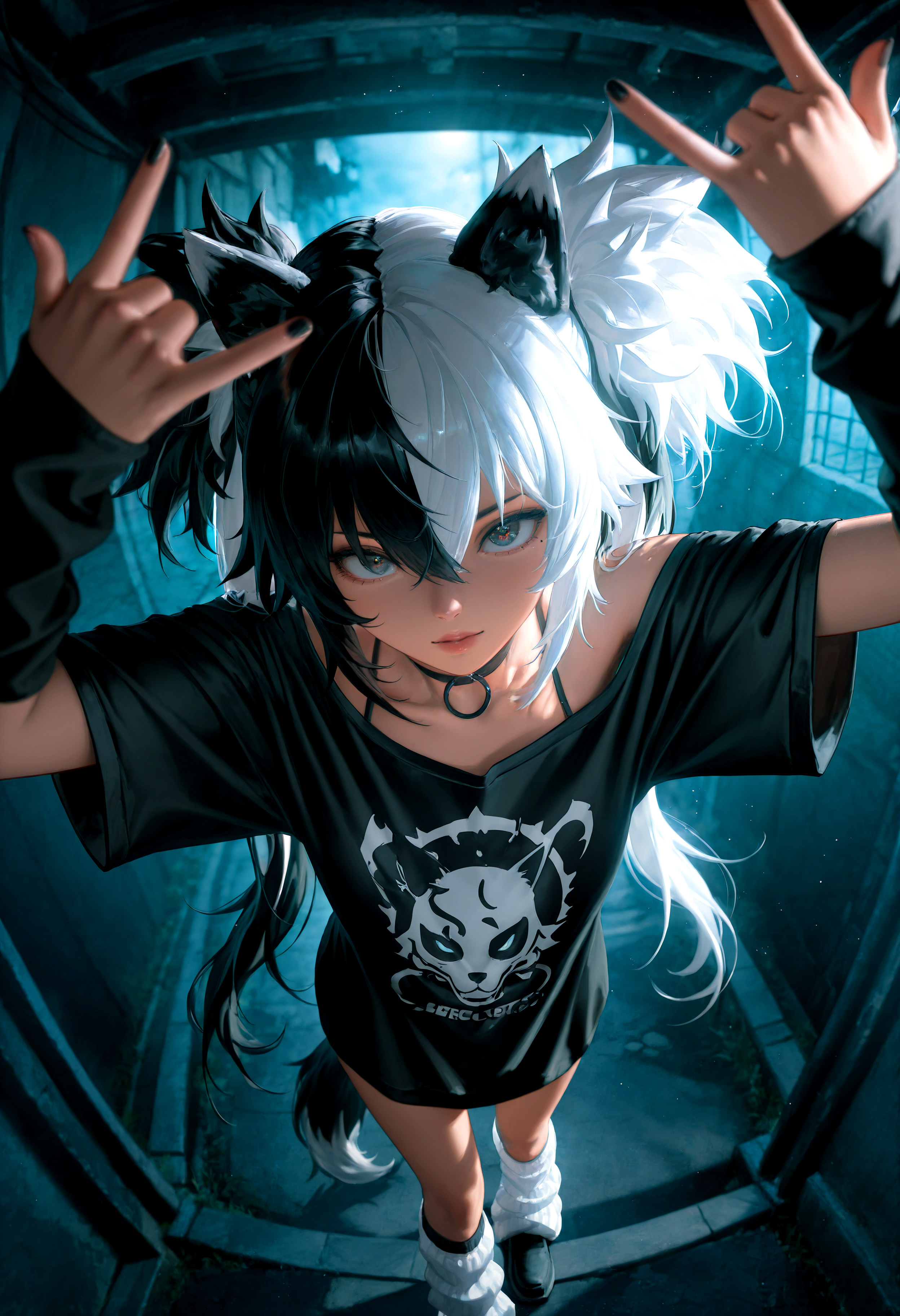 HDR, 8K, high contrast, masterpiece, best quality, amazing quality, very aesthetic, superabsurd res, high resolution, ultra-detailed, absurdres, newest, scenery, (horikoshi kouhei:0.3), (quasarcake:0.3), (wlop:0.3), light rays, chiaroscuro, dynamic angle, from above, hand focus, fisheye, from behind, close up, Over-the-Shoulder Shot with Tracking, 1girl, air_kyuu, animal ears, twintails, big hair, black hair, white hair, multicolored hair, two-tone hair, split-color hair, hair between eyes, double \n/, fingernails, black fingernail polish, perfect hands, t-shirt, oversided shirt, (oversized clothes:1.3), baggy t-shirt, loose socks, leg warmers ,wearing edgGrunge_clothing, (colorful), dark alley, fog, night, dark, cyberpunk, godrays, Intricately designed, Mysterious, BREAK, photorealistic, beautiful detailed eyes, detailed skin, detailed hair, volumetric lighting, dappled light, light particles, dramatic shadows, cinematic lighting, photo background, depth of field, <lora:ponyxl\cfg_scale_boost:0.8> <lora:IL\KMS_AIR_Kyuu_IL-000009:0.7> <lora:IL\edgGrungeFreestyleILS:0.8>
