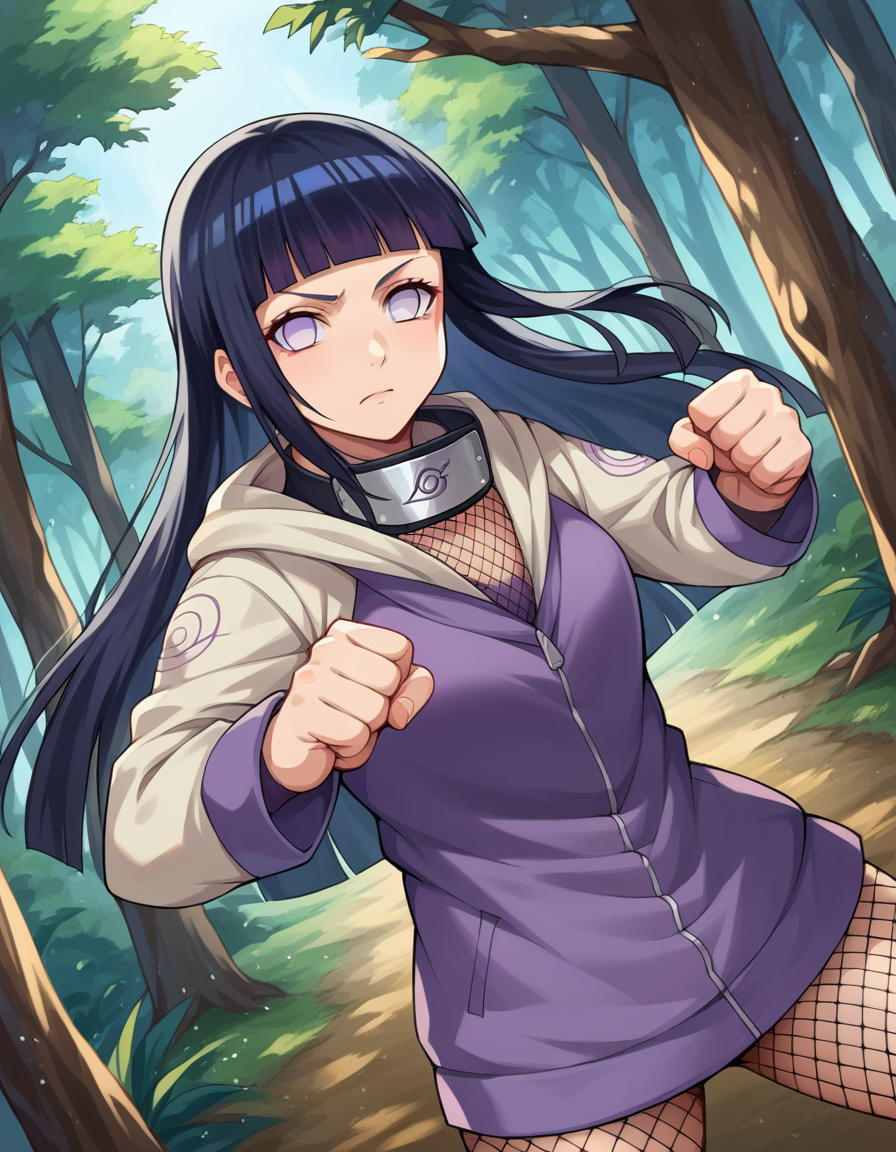 score_9, score_8_up, score_7_up, source_anime,
hinatahyuuga, <lora:hinata-hyuuga-ponyxl-lora-nochekaiser:1>,
hinata hyuuga, byakugan, black hair, blunt bangs, long hair, straight hair,
fishnets, forehead protector, jacket, konohagakure symbol,
outdoors, forest, nature, fighting stance,
looking at viewer, dutch angle, cowboy shot,
