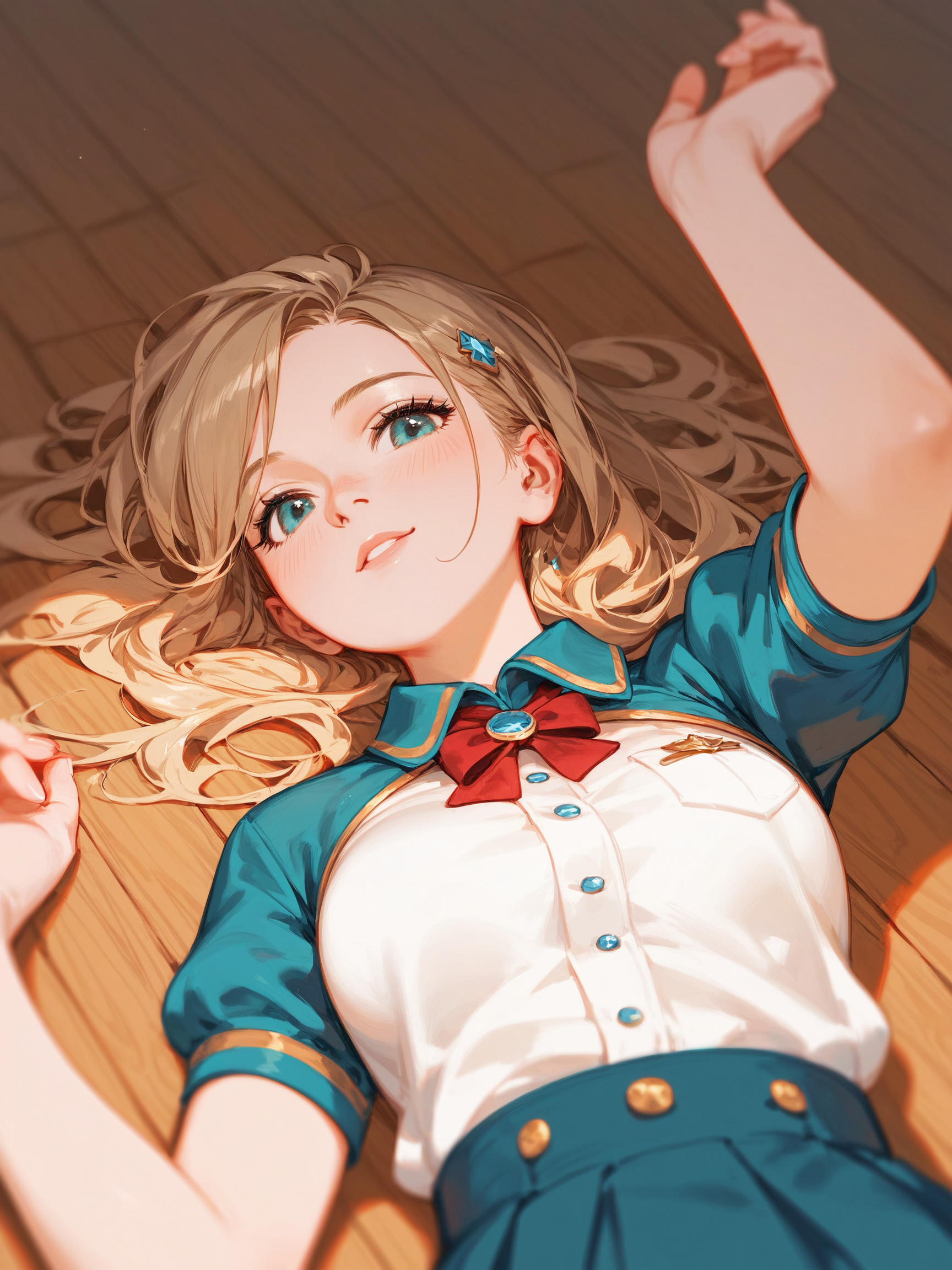 score_9, score_8_up, score_7_up, masterpiece, best quality, portrait photo of a  girl, rested her chin on her hand, cheer leader, wood floor, (lying aside on the floor, posing to viewer), (low angle/from below),
 <lora:ponyRealistic_v1-rev3_rank16:-0.5>