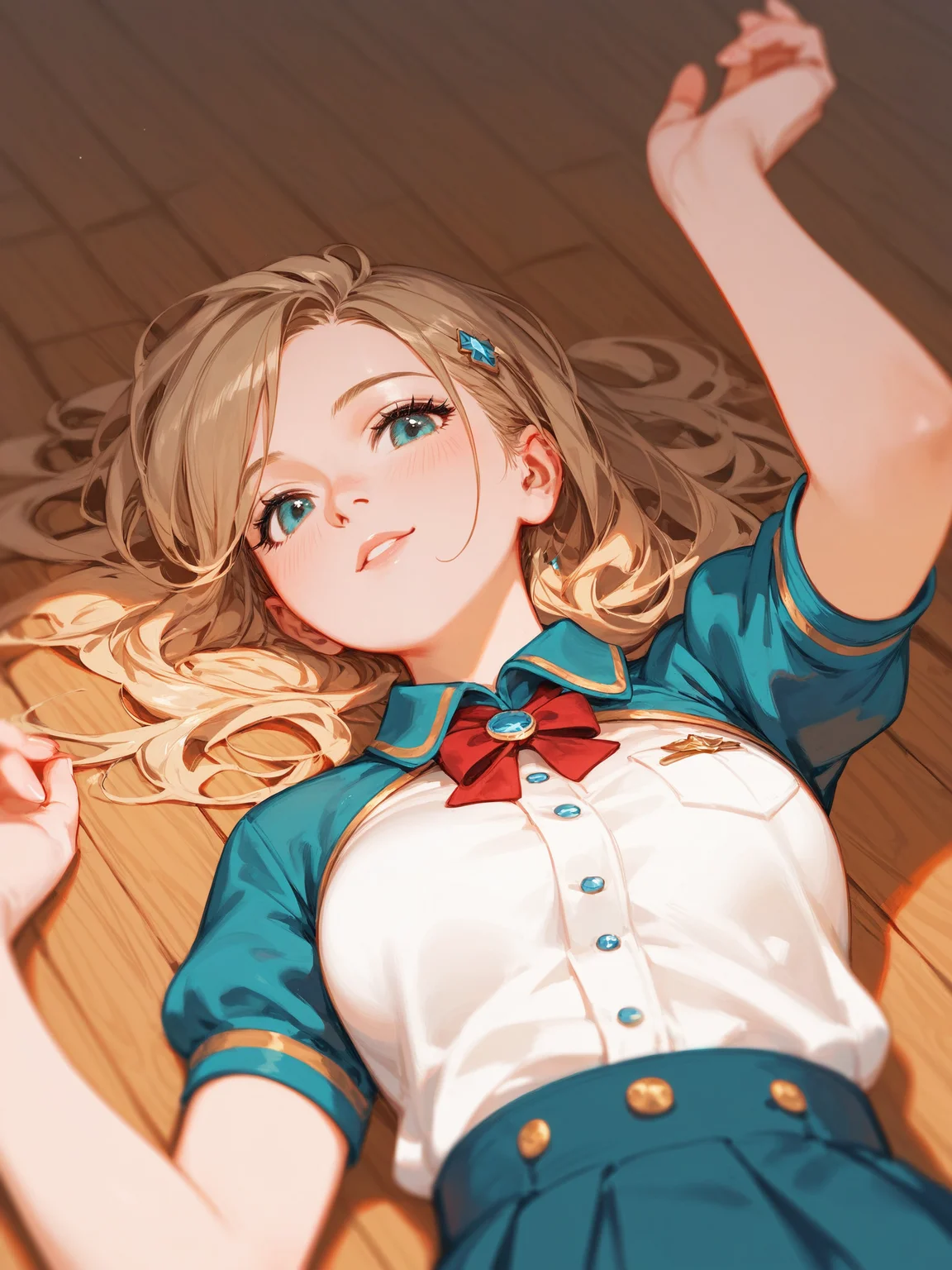 score_9, score_8_up, score_7_up, masterpiece, best quality, portrait photo of a  girl, rested her chin on her hand, cheer leader, wood floor, (lying aside on the floor, posing to viewer), (low angle/from below),
 <lora:ponyRealistic_v1-rev3_rank16:-0.5>