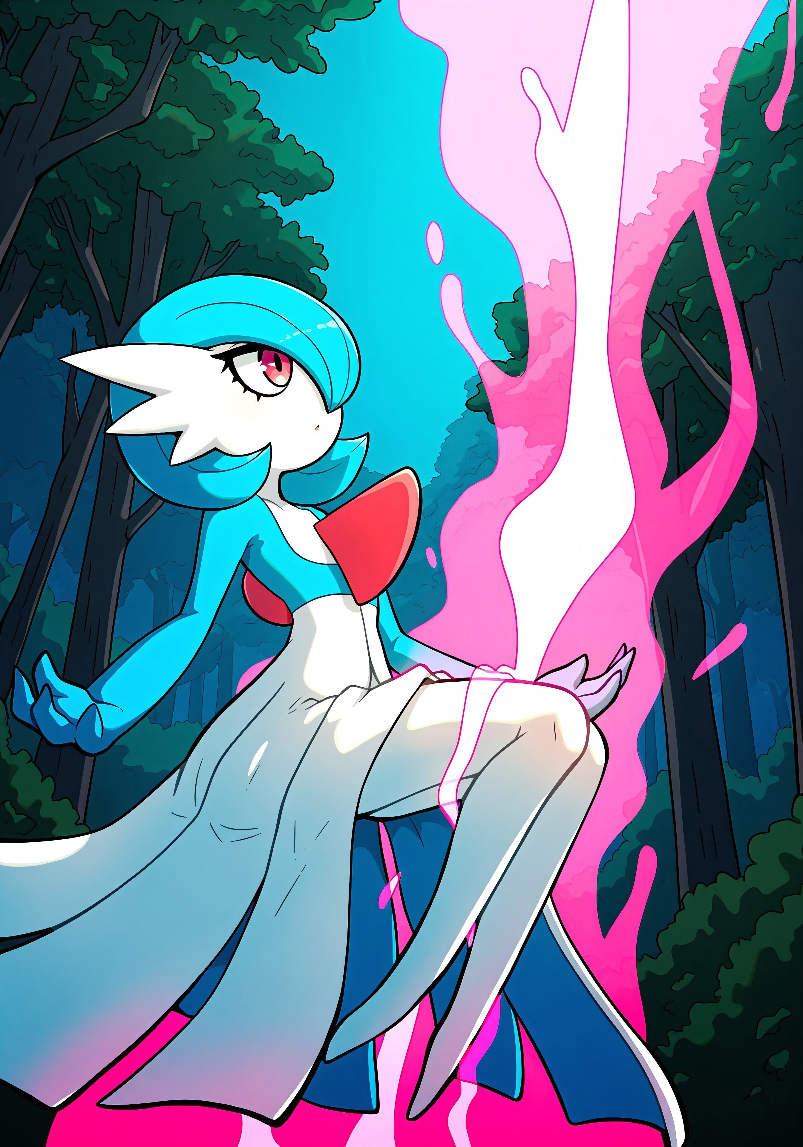 IllusP0s, Smooth Quality, masterpiece, best quality, amazing quality, very aesthetic, high resolution, absurdres, (dynamic lighting), (dynamic angle:1.2), (solo, 1girl:1.3), 

kinkymationIL,

(Gardevoir, shiny gardevoir), blue hair, white skin, blue top, white skirt, (tall), 

Forest, night, (meditating, meditation:1.2), (floating, midair, levitating:1.3), pink aura, wispy pink energy, sitting,