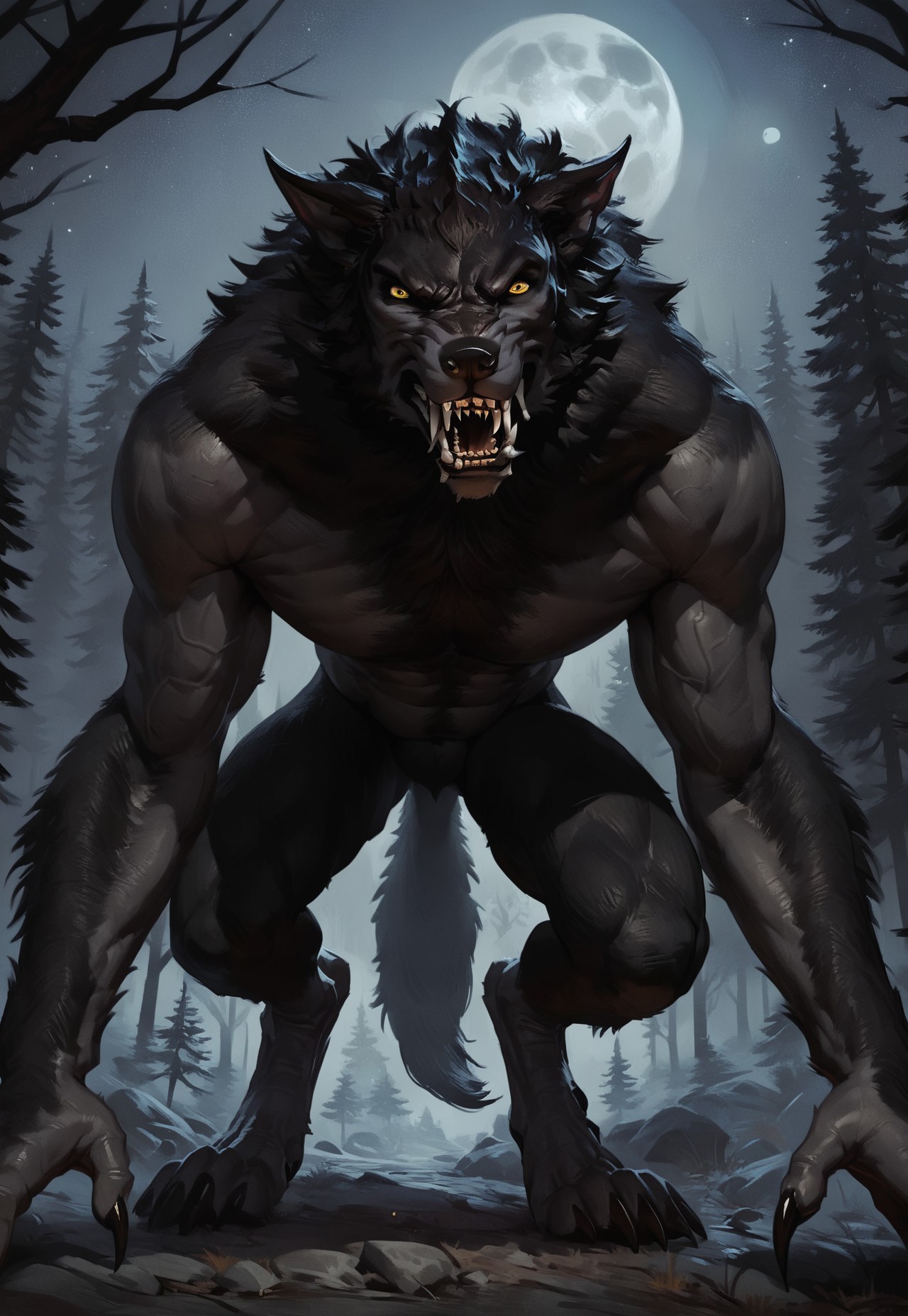 safe_pos, score_9, score_8_up, score_7_up, score_6_up, score_5_up, score_4_up, source_furry, concept art, realistic, hi res, dynamic angle, all fours, hunting viewer, forest, night, stars, moon, solo, (skyrim werewolf), werewolf, black fur, yellow eyes, bare teeth, sharp teeth, looking angry, looking at viewer, anthro, male, tail, muscular, black claws