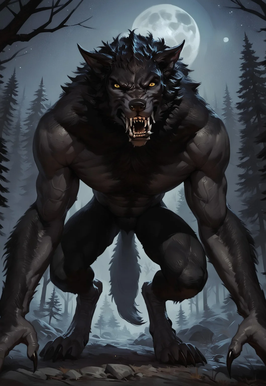 safe_pos, score_9, score_8_up, score_7_up, score_6_up, score_5_up, score_4_up, source_furry, concept art, realistic, hi res, dynamic angle, all fours, hunting viewer, forest, night, stars, moon, solo, (skyrim werewolf), werewolf, black fur, yellow eyes, bare teeth, sharp teeth, looking angry, looking at viewer, anthro, male, tail, muscular, black claws