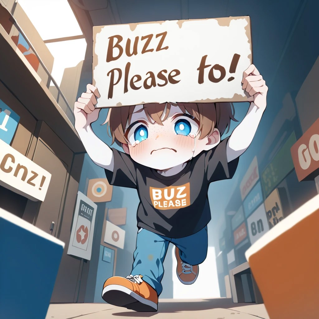 guy holding up a sign that says " buzz please!!"
masterpiece, best quality, 
1boy, solo, (white skin), brown hair, athletic, freckles, black shirt, t-shirt, chin scruff, blue pants, big eyes, blue eyes, huge pupils, checkerboard symbol on shirt, orange shoes, full body, sign, tears,