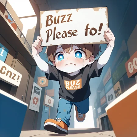 guy holding up a sign that says " buzz please!!"
masterpiece, best quality,
1boy, solo, (white skin), brown hair, athletic, freckles, black shirt, t-shirt, chin scruff, blue pants, big eyes, blue eyes, huge pupils, checkerboard symbol on shirt, orange shoes, full body, sign, tears,