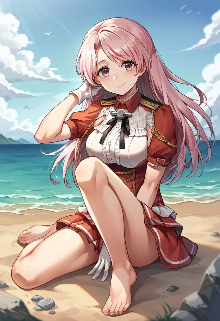 score_9, score_8_up, score_7_up, source_anime, masterpiece, 1girl, ct_abruzzi, large breasts, short dress, short sleeves, black ribbon, red underbust, aiguillette, frills, white gloves, looking at viewer, facing viewer, outdoors, ocean, scenery, dock, depth of field, shiny skin, portrait, happy, knee up, sitting, barefoot, feet, on ground, sand, portrait, hand between legs, <lora:L.d.S.D.d.Abruzzi_pony_ct_ver2:0.9>