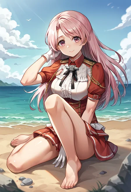 score_9, score_8_up, score_7_up, source_anime, masterpiece, 1girl, ct_abruzzi, large breasts, short dress, short sleeves, black ribbon, red underbust, aiguillette, frills, white gloves, looking at viewer, facing viewer, outdoors, ocean, scenery, dock, depth of field, shiny skin, portrait, happy, knee up, sitting, barefoot, feet, on ground, sand, portrait, hand between legs, <lora:L.d.S.D.d.Abruzzi_pony_ct_ver2:0.9>