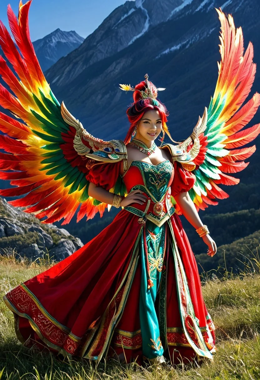(high quality), (masterpiece), (detailed), 8K, Hyper-realistic depiction of (1girl1.3) (thai1.3), green eyes with (phoenix-inspired outfit1.4). (Fiery feathers1.3) adorn (ornate shoulder piece1.2), (golden accents1.2) shimmer against (crimson fabric1.2). framed by (firey aura1.3), (dynamic lighting1.3) highlights intricate details. Dynamic pose, mountain background, stormy ambience.