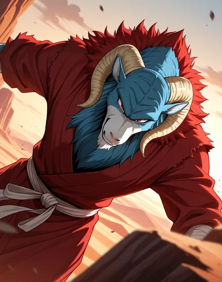 <lora:Moro_1st_Form_(Dragonball_Z)_(Illustrious)_(AD):1.3> Moro, muscular, goat,
dutch angle, exterior, desert, sky with detailed clouds,
male focus, gradient coloring, solo, cowboy shot, bent leg, perfect proportions, goat head, blue body, soft shading, evil smirk, old, aged up, hunched over, frail,
BREAK very awe, aesthetically pleasing, masterpiece, best quality, amazing quality, very aesthetic, perfect depth of field shot, in'ei, furry_art, source_furry, source_anime,
EZRealPONYXL, zPDXL, Smooth Quality, lazympos, IllustQualXL_Pos,