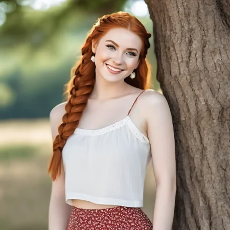 gorgeous pale american cute girl, smiling, (crop top), red hair loose braided hair, short polca skirt, lean against a tree, field, flowers smiling, perfectly symmetrical face, detailed skin, elegant, alluring, attractive, amazing photograph, masterpiece, best quality, 8K, high quality, photorealistic, realism, art photography, Nikon D850, 16k, sharp focus, masterpiece, breathtaking, atmospheric perspective, diffusion, pore correlation, skin imperfections, DSLR, 80mm Sigma f2, depth of field