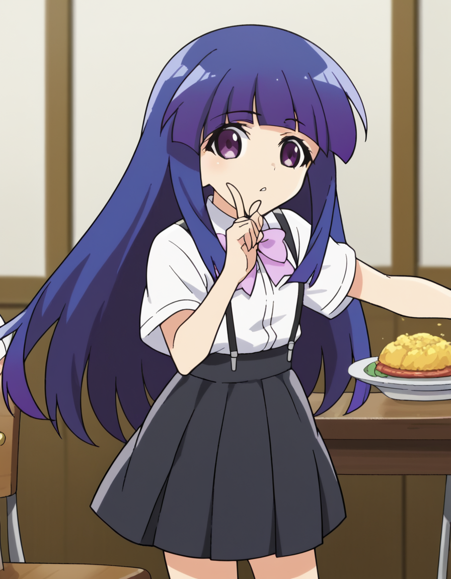 score_9, score_8_up, score_7_up, source_anime, <lora:rika-furude-s4-ponyxl-lora-nochekaiser:1>, rika furude, long hair, bangs, blue hair, purple eyes, blunt bangs, purple hair,, skirt, shirt, bow, school uniform, white shirt, short sleeves, pleated skirt, bowtie, black skirt, suspenders, pink bow, suspender skirt,, dining room, table, chairs, dishes, cutlery, , <lora:hoshino-ruby-dance-ponyxl-lora-nochekaiser:1>, hoshino ruby dance, finger wagging, index finger raised, dancing, outstretched arm,, looking at viewer, solo,, dutch angle, cowboy shot