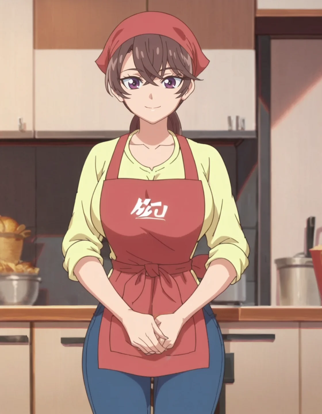 score_9, score_8_up, score_7_up, anime screencap, solo,1girl,apron,bandana,pants, brown hair, purple eyes, looking at viewer, smile, shirt, collarbone, yellow shirt, ponytail, bangs, long hair,hair between eyes,large breasts, huge ass,cowboy shot<lora:nagomiakiho:0.8>