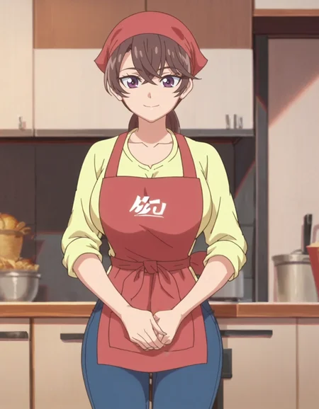 score_9, score_8_up, score_7_up, anime screencap, solo,1girl,apron,bandana,pants, brown hair, purple eyes, looking at viewer, smile, shirt, collarbone, yellow shirt, ponytail, bangs, long hair,hair between eyes,large breasts, huge ass,cowboy shot<lora:nagomiakiho:0.8>