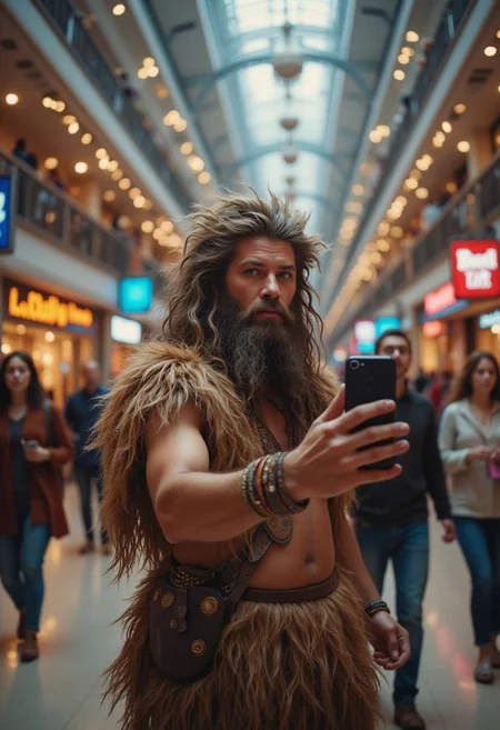 A prehistoric man, dressed in animal hides, awkwardly makes a selfie in front of a modern mall's bustling food court. he snaps a selfie with the shiny new smartphone. Neon signs and escalators blur in the background, while shoppers hurry past, oblivious to the incongruous caveman amidst their shopping routine.