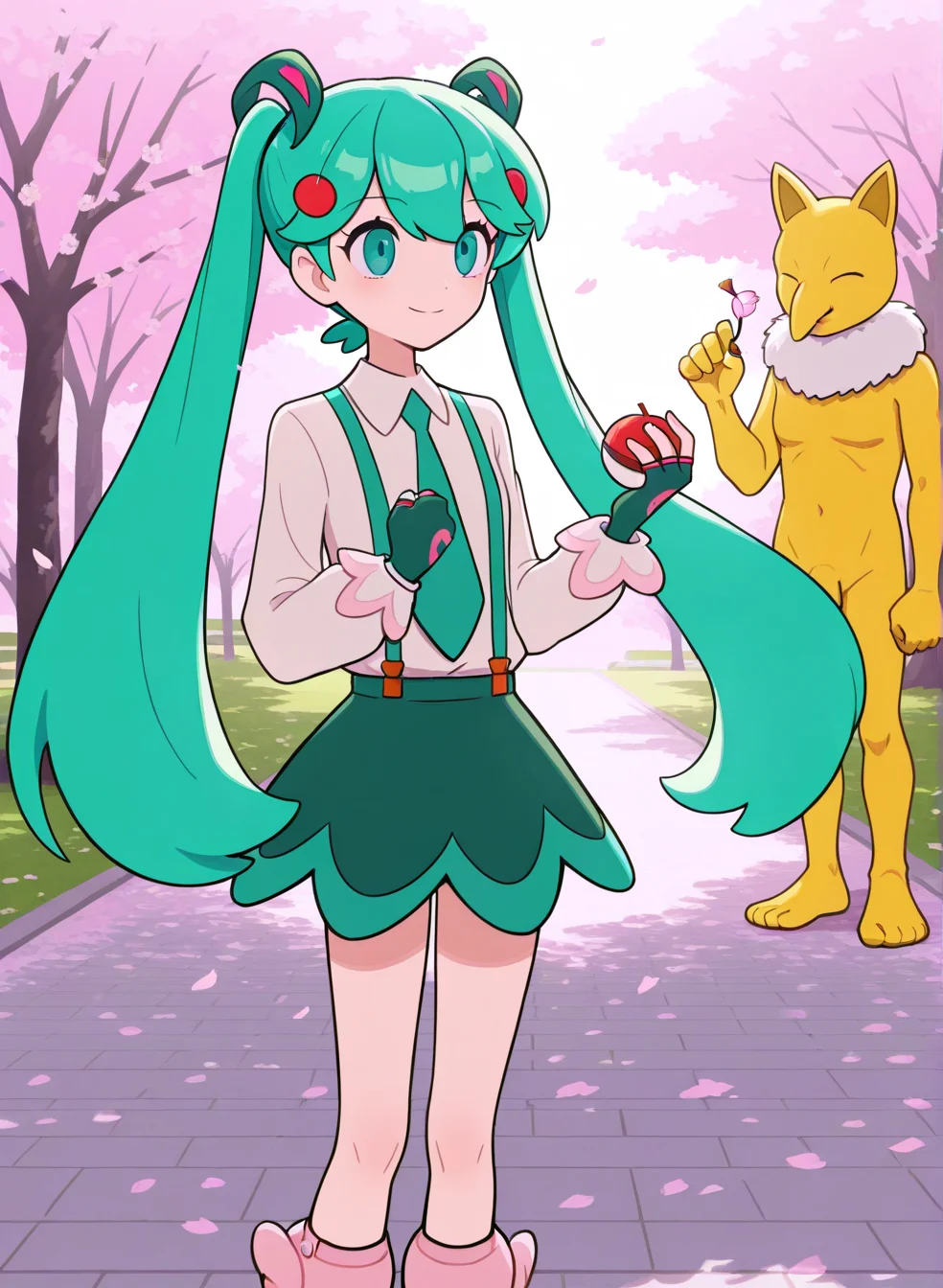 1girl,aemiku,green hair,,fingerless gloves, white shirt, long sleeves, suspenders, skirt,pink boots,smile,holding poke ball,full full body, cherry blossoms,park,hypno,
,cowboy cowboy shot,masterpiece,best quality,
<lora:afMIKU:1>