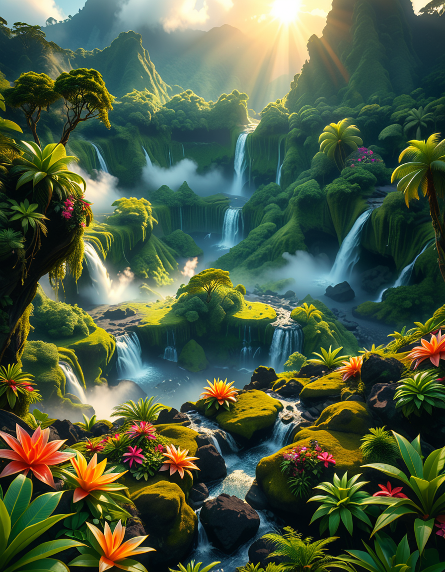 A breathtaking view of an ancient, dormant volcano now transformed into a lush, vibrant natural sanctuary. The crater is filled with dense tropical forests, colorful exotic flowers, cascading waterfalls, and mist swirling gently in the morning light. Vines and moss cover the dark volcanic rocks, and small streams wind down the slopes. while rays of sunlight pierce through the dense canopy, creating sparkling reflections on the water. The atmosphere feels peaceful, enchanted, and untouched by humans. The scene is depicted in an ultra-detailed, hyper-realistic style, with warm, soft lighting and rich, saturated colors that enhance the magical and serene mood of the landscape.
<lora:SDXLFaeTastic2400:0.4> <lora:extremely_detailed:0.4> extremely detailed, <lora:dormant_v0lc4n0:1>,dormant v0lc4n0, Masterpiece,best quality,hi res,8k,hi res,8k,award winning,(sharp focus, intricate, highly detailed),