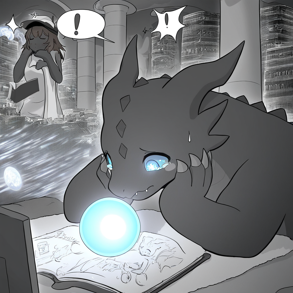 sitting, blush stickers, hand on own face, gameplay mechanics, blue sclera, building, sweatdrop, sparkling eyes, towel, dragon girl, holographic interface, english text, apple, bookshelf, female, sleeping, sparkle, Aileen_Pritani, closed mouth, tongue, crying, monitor, brown hair, pillar, black skin, hat, monochrome, head rest, glowing, fangs out, spoken exclamation mark, city, reading, monster, holding book, + +, black scales, shirt, orb, planet, blue eyes