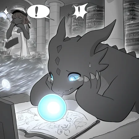 sitting, blush stickers, hand on own face, gameplay mechanics, blue sclera, building, sweatdrop, sparkling eyes, towel, dragon girl, holographic interface, english text, apple, bookshelf, female, sleeping, sparkle, Aileen_Pritani, closed mouth, tongue, crying, monitor, brown hair, pillar, black skin, hat, monochrome, head rest, glowing, fangs out, spoken exclamation mark, city, reading, monster, holding book, + +, black scales, shirt, orb, planet, blue eyes