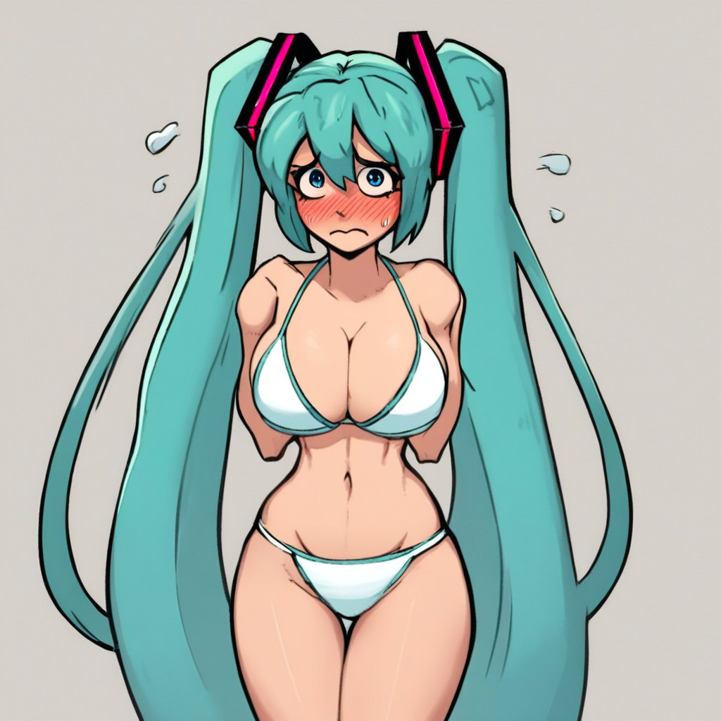 score_9, score_8_up, score_7_up, source_anime, expressive, anime, (4k4bur5tyl3:1.2), Artist speedlines, dynamic, 1girl, (hatsune_miku), aqua hair, twintails, blue eyes, (white bikini), large breasts, skinny, thick thighs, navel, standing, shy, blush, blushing, embarrassed, sensual, horny, longing, looking at viewer, source_hentai, simple background