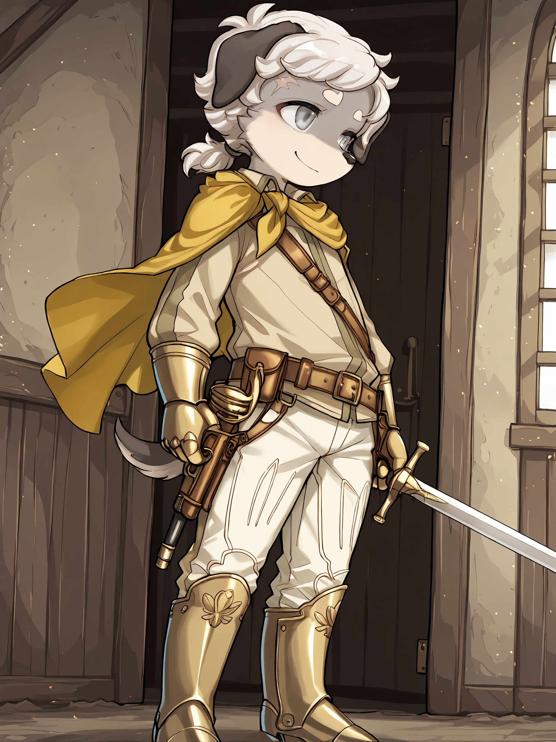 BREAK, <lora:Britz_Strudel:1>, britz strudel, fuga: melodies of steel, kemono, furry male, young male, 1boy, dog boy, grey fur, beige fur, multicolored fur, grey eyes, short hair, white hair, scar above right eye, animal ears, dog ears, floppy ears, dog tail, brown tail, Fuga 2 appearance, wavy hair, soft curls, ponytail
BREAK, Fuga 3 Outfit, metal boots, white pants, white top, gauntlets, rugged cape, yellow cape, utility belt, pouches, gun golster, sword, sword holster, sheathed,
BREAK, solo, inside, standing, closed mouth, looking away, head tilt, smile,