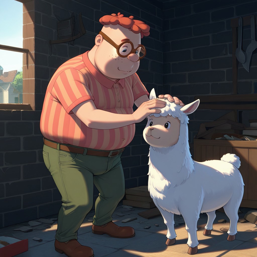 masterpiece, best quality, break, solo, 1boy, carl_jn, glasses, freckles, striped shirt, pants, plump, standing, Llama, petting