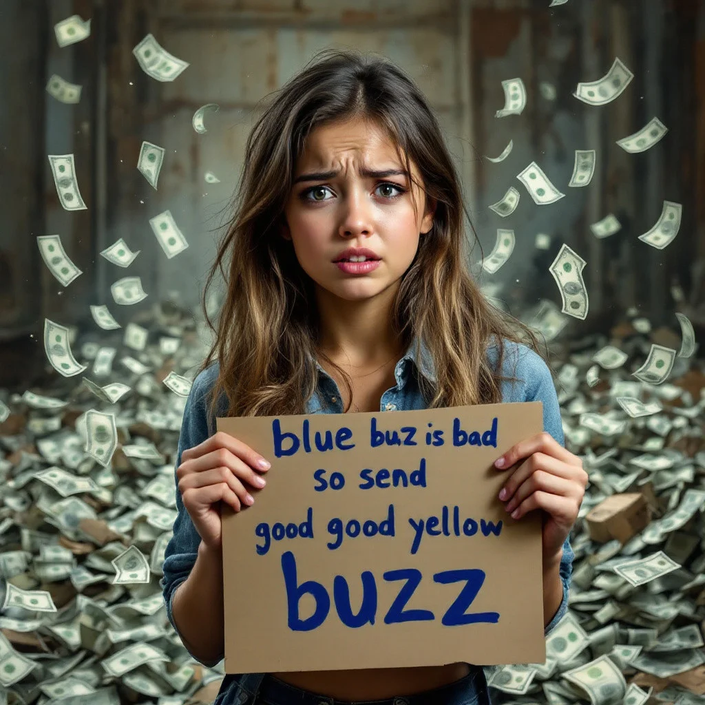 Draw a picture meme of a girl totally upset about ‘buzz’, she's holding a sign written: "blue buzz is bad, so send good yellow buzz", in a totally destroyed background full of money, criticism the money based corporations.