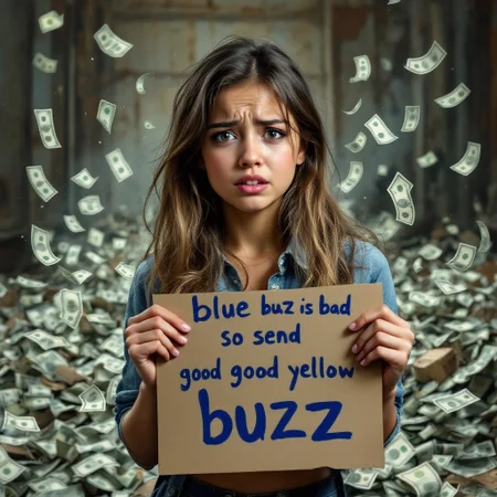 Draw a picture meme of a girl totally upset about ‘buzz’, she's holding a sign written: "blue buzz is bad, so send good yellow buzz", in a totally destroyed background full of money, criticism the money based corporations.