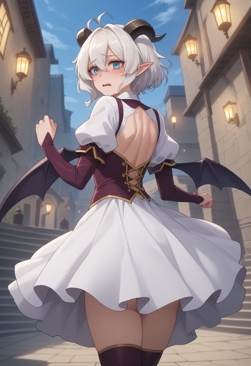 score_9, score_8_up, score_7_up, BREAK 1girl, solo, MiavtSDXL, short hair, blue eyes, hair between eyes, medium breasts, ponytail,  (white hair:1.1), ((white hair)) ((black horns)), pointy ears, goat horns, double pigtail, BREAK  Utena Hiiragi, magical girl, crazy, blush, dynamic pose, outdoors, ((back view)) (big ass) (rear view)