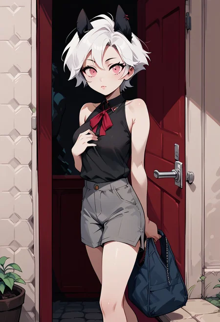 score_9, score_8_up, score_7_up, score_6_up, c1ca,1girl,adult,bare_legs, impossible_clothes, body_silhouette, adjusting clothes, eye_contact, perfect_breasts, lips parted, slim, short hair, pink eyes, white hair, animal ears, red piercing,ruanyi1043, red tie, grey shorts, fishnets, cute_expression, outdoors,porch,doorway,