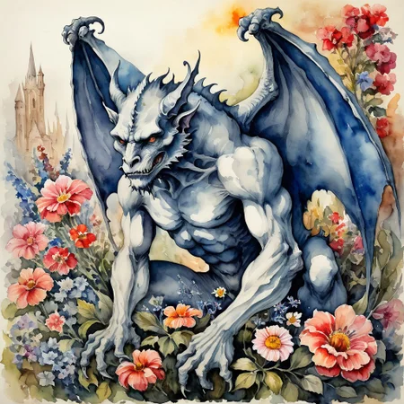 high detail, high quality, masterpiece, epic composition, watercolor on old paper, gargoyle creature amongst flowers