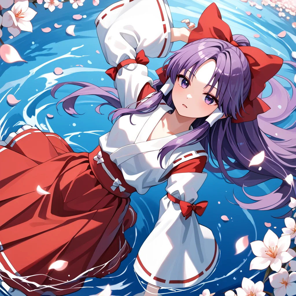 score_9_up, score_8_up, score_7_up, BREAK source_anime, (masterpiece), (best quality), 1girl, solo, hakurei reimu (pc-98), hair bow, purple colored eyes, japanese clothes, long hair, red bow, red skirt, ribbon-trimmed sleeves, hair tubes, long sleeves, petals on water, purple hair, lied on water, from above, one arm on forehead, dutch angle, (ultra detailed), shine, (highres, absurdres), <lora:Hakurei_reimu(PC-98)-V1:1>