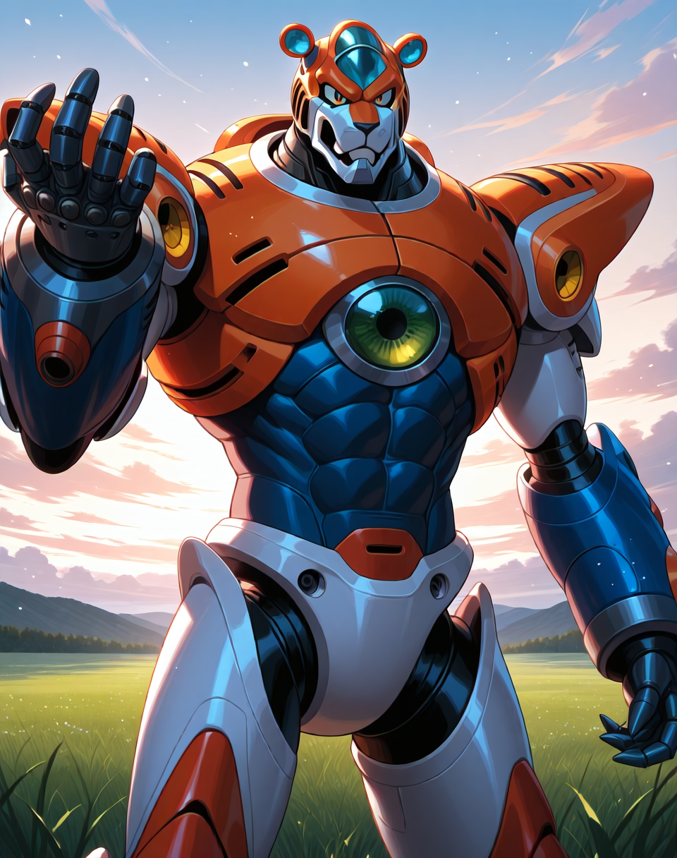 <lora:Neon_Tiger_(Mega_Man_X)_(Illustrious)_(AD):1> Neon Tiger, reploid, MMX, 
exterior, sky with clouds, grassy valley,
male focus, intense shadows, dynamic shadows, intricate details, attention to details, gradient coloring, bright vivid colors, robot, bent leg, glossy metal body, cowboy shot, abs, orange and pink and blue armor, neon plasma claws, 
BREAK very awe, masterpiece, best quality, amazing quality, very aesthetic, highres, absurdres, photographic realism, 8K CGI render,
EZRealPONYXL, zPDXL, Smooth Quality, lazynsfw,